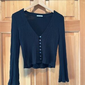 Reformation EUC Black Ribbed Button-Down Top Crop